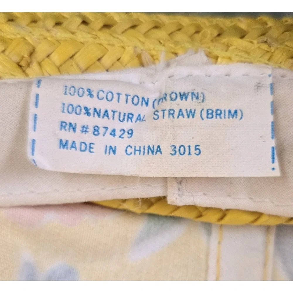 Women's Hat Yellow Rolled Straw Brim w/ Floral 100% Cotton Fabric Crown Size S/M